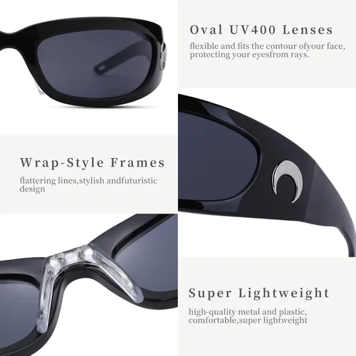Vista 5 de Haygafe Gafas de sol envolventes para mujeres y hombres a la moda geniales Y2K gafas de sol futuristas negrogris NegroGris