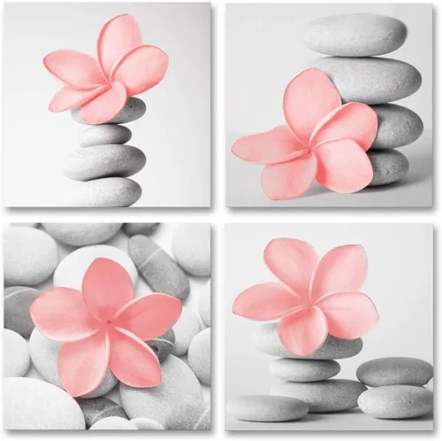 Vista 3 de Genius Decor - Arte moderno para pared de baño, diseño de flores zen azules y grises, piedra de guijarro, aguamarina, arte en lienzo para decoración