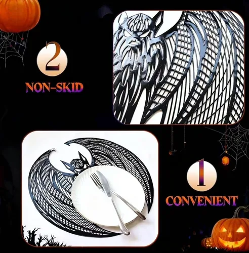 Vista 5 de Juego de 12 manteles individuales con forma de murciélago de Halloween, lavables, color negro, gótico, decoración de mesa para interiores