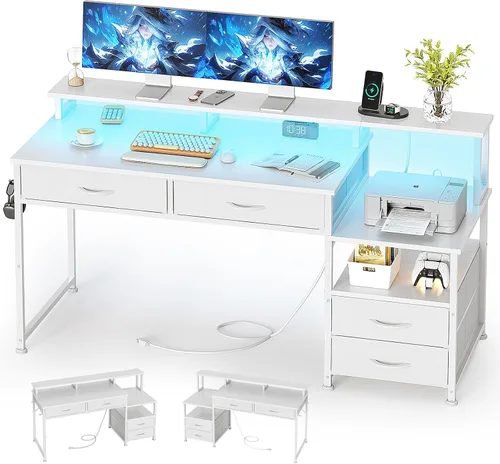 Vista 9 de MUTUN Escritorio para computadora de 53 pulgadas con 4 cajones y tomas de corriente, escritorio reversible de oficina en casa con soporte