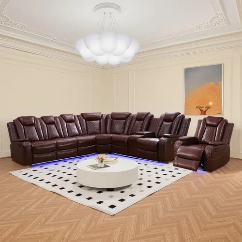 Vista 11 de Juego de sofá seccional reclinable con alimentación, juego de sofá modular reclinable de cuero negro en forma de L, sofá de cuero en forma de L
