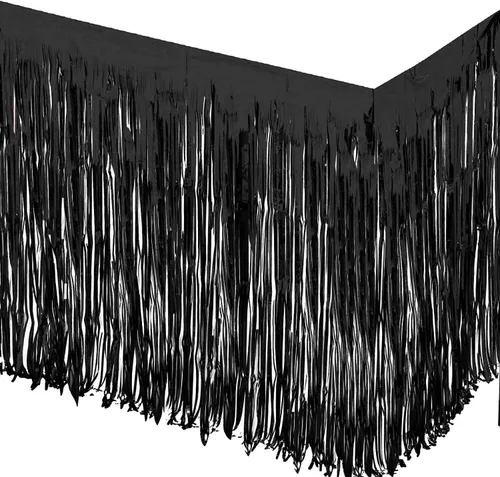 Vista 4 de allgala Faldones de mesa de oropel negro, paquete de 2 faldas de mesa de 29 x 108 pulgadas con flecos metálicos para fiestas, eventos, desfiles