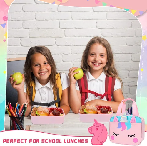 Vista 4 de Lonchera de unicornio para niñas, para guardería, preescolar, bolsa de almuerzo aislada con 4 compartimentos, caja Bento reutilizable, bolsa