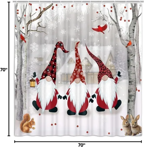 Vista 2 de Christmas Shower Curtain Gnome Winter Shower Curtain Snowy Forest Birth Tree with Cute Fun Gnome Bath Curtain Xmas New Year Bathroom Decor Bathroom