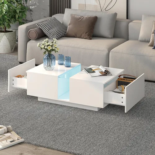 Vista 11 de HedoAjim - Mesa de café LED negra para sala de estar, mesa rectangular de sala de estar con almacenamiento, mesas de café acrílicas con 2 cajones