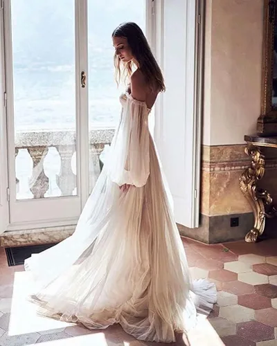 Vista 3 de Vestidos de fiesta de manga hinchada 2024, vestidos largos de baile para mujer, vestido formal de tul con hombros descubiertos, vestido de princesa