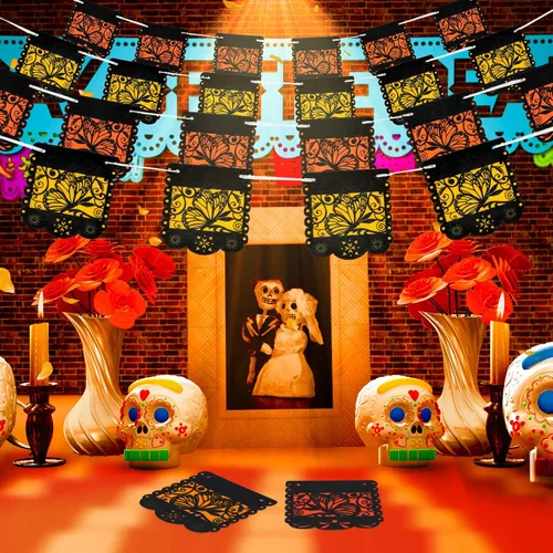 Vista 3 de Pancarta pequeña del Día de los Muertos con diseño de mariposa monarca mexicana, pancartas para fiesta de papel picado, Día de los Muertos