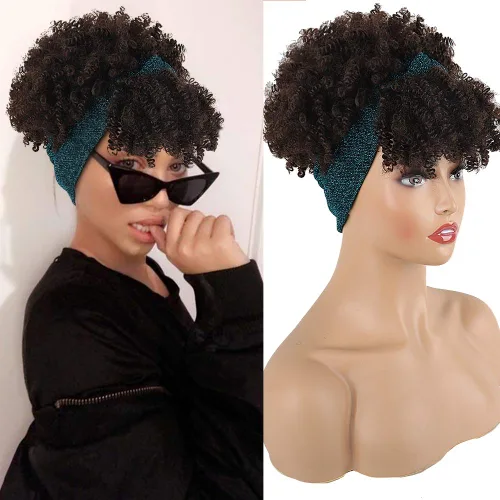 Vista 21 de Aisaide Peluca de Diadema Afro Rizada Crespa, Pelucas Afro Negras Cortas para Mujeres Negras, Peluca Sintética Rizada Crespa con Diadema y Flequillo