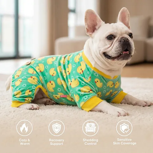Vista 2 de KYEESE - Pijama de terciopelo para perros, con patrón de patos amarillos, ropa elástica y suave para cachorros y perros pequeños, mameluco cómodo