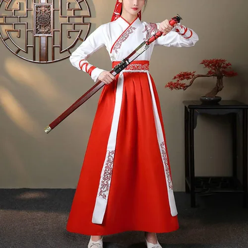 Vista 2 de Disfraz de espadachín chino, traje tradicional de Hanfu, dinastía antigua Tang, cosplay, para mujeres y hombres, artes marciales, vestido elegante