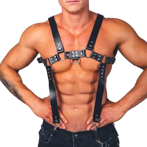 Vista 2 de YEMYIQZ Arnés de cuero PU para hombres hebilla ajustable cuerpo pecho liguero Cosplay club nocturno sexy punk pecho cinturón club