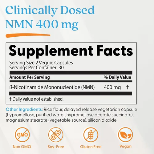 Vista 2 de Doctor's Best Suplemento NMN para mujeres y hombres, apoya la producción de NAD+ y energía celular, beta nicotinamida mononucleótido, 200 mg por