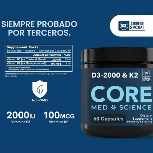 Vista 3 de Core Med Science Suplemento de vitamina D3 y K2 - Certificado NSF