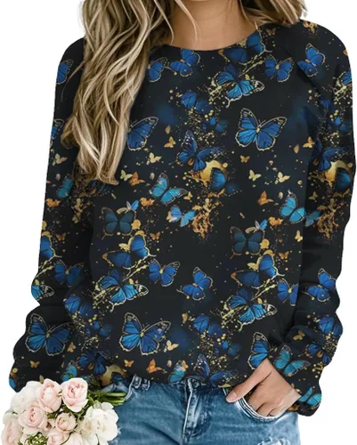Vista 8 de ZOCANIA Sudaderas para mujer, sin capucha, manga larga, cuello redondo, estampado floral, ajuste holgado