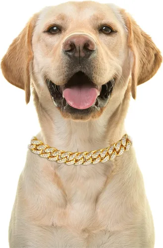 Vista 2 de Halukakah HOLLYWOOF - Collar de perro – Cadena de eslabones cubanos chapada en oro, lujoso auricular de diamantes y 0.551 in de grosor, tamaño 24