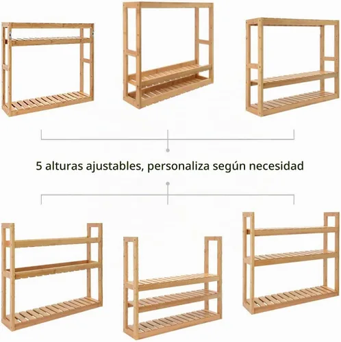 Vista 5 de Estante Domax de bambú, para baño, 3 niveles de montaje en pared, multifuncional, capa ajustable, de pie, para colocar por encima del inodoro