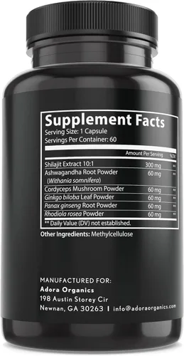 Vista 2 de Suplemento Shilajit 6 en 1 de 300 mg, suplemento de apoyo al estado de ánimo y energía con 60 mg de Ashwagandha pura, Rhodiola Rosea Panax Ginseng