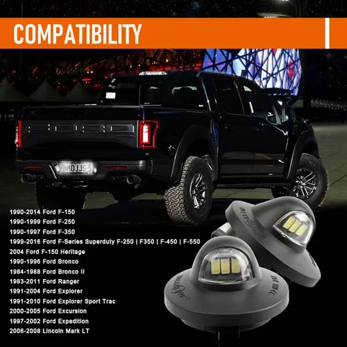 Vista 5 de Conjunto de 2 luces LED para matrícula compatibles con F150 F250 F350 F450 F550, parachoques trasero de repuesto blanco brillante, montaje de luces