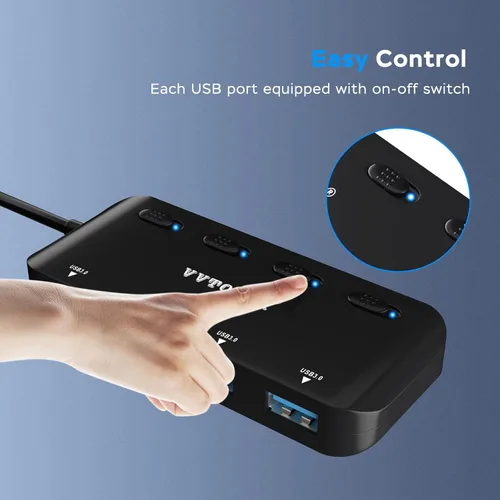 Vista 3 de Hub USB 3.0 de 4 puertos, divisor de concentrador USB portátil VVTOYER para laptop, con interruptor de alimentación individual y adaptador USB-C