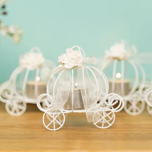 Vista 5 de Simply Elegant Soporte para caramelos blanco – 72 piezas de carrito de dulces, mini carro de calabaza de metal, decoración de fiesta, caja de dulces