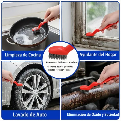 Vista 5 de Paquete de 3 cepillos de alambre de acero inoxidable, cepillo de limpieza resistente de 6.5 pulgadas con mango ergonómico curvado, cerdas de acero