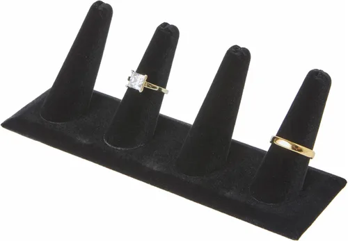 Vista 2 de Plymor Pantalla de dedo de anillo de terciopelo negro, cuatro en base rectangular, 6 pulgadas de ancho x 2.125 pulgadas de profundidad x 2.5