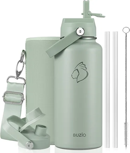 Vista 51 de BUZIO Botella de agua aislada de 24 oz, frasco de agua de boca ancha de acero inoxidable con tapa de pajita, frío durante 48 horas a prueba de Negro