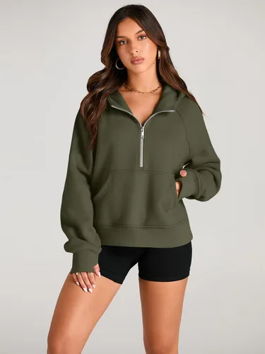 Vista 2 de AUTOMET Sudaderas con media cremallera, sudaderas cortas con capucha de forro polar para mujer, sudadera con cremallera de un cuarto, trajes