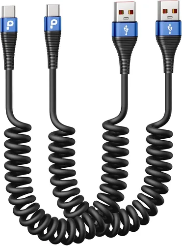 Vista 19 de Cable USB C de carga rápida, paquete de 2 cables de carga USB A a USB C en espiral de 3 pies para automóvil, cable de carga USB-C compatible