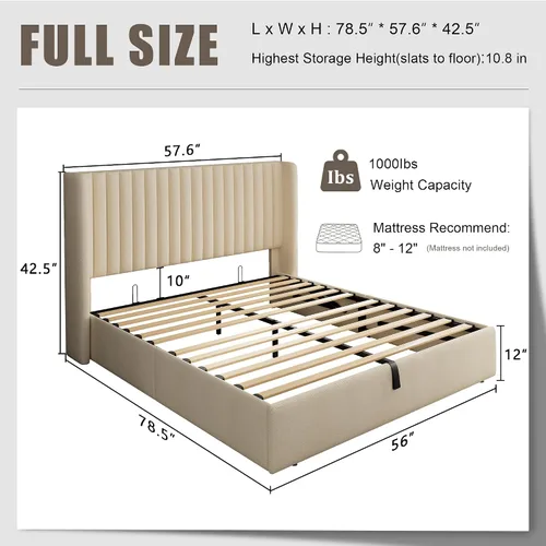 Vista 2 de Einhomn Cama de almacenamiento elevable de tamaño completo con cabecera de ala, marco de cama tapizado de lino con soporte de listones de madera