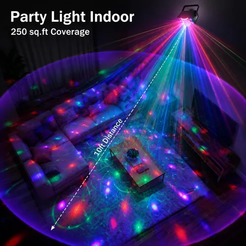 Vista 3 de Luces de fiesta de discoteca 3 en 1, luz estroboscópica LED DJ Rave, proyector de luz de escenario con control remoto activado por sonido, luces