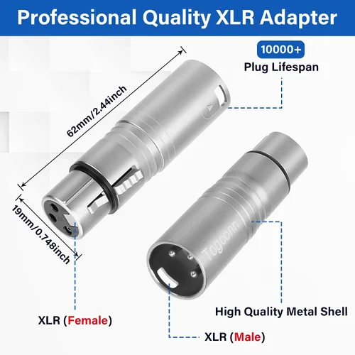 Vista 2 de Adaptador de micrófono XLR 2 unidades, 3 pines XLR macho a hembra, convertidor de conector de extensión de audio para altavoz, mezcladores,