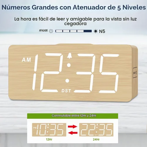 Vista 4 de DreamSky Wooden Digital Alarm Clock with Wireless Charging for Bedroom Bamboo