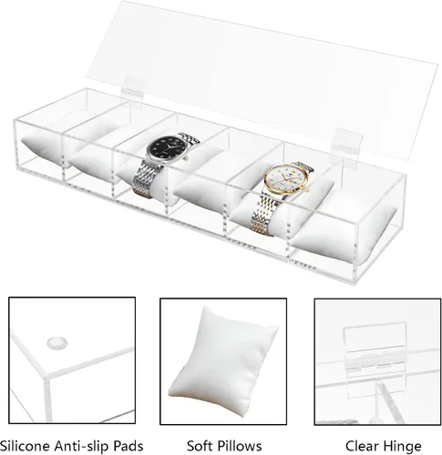 Vista 4 de Ptaedex Organizador de caja de reloj para hombres y mujeres, soporte de acrílico de 6 ranuras para relojes, organizador de joyería