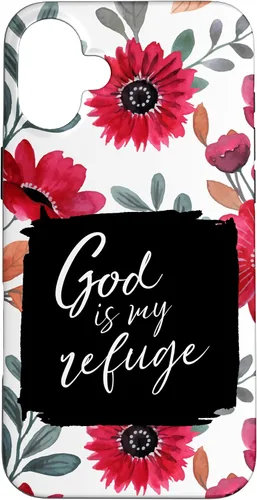 Vista 23 de God is My Refuge - Carcasa para iPhone 16, diseño de flores rojas con versículo bíblico del Salmo 91