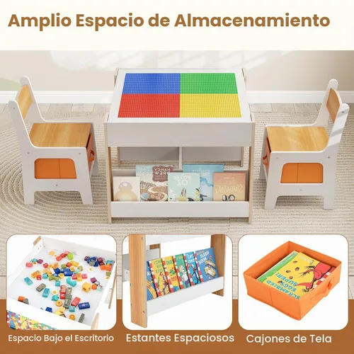 Vista 5 de INFANS Juego de Mesa y Silla para Niños, Escritorio de Actividades de Madera de Bloques de Construcción 4 en 1 con Superficie Reversible, Cajones