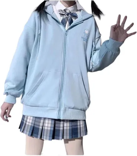 Vista 5 de Sudadera con capucha japonesa Harajuku Y2K Kawaii con cremallera para niñas, Azul