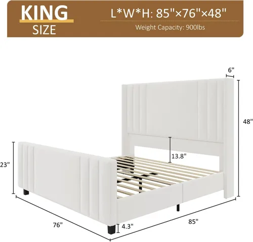 Vista 2 de Albott Base de cama de plataforma tamaño King, cama tapizada con cabecera y pie de cama con respaldo alado capitoné de canales verticales, Crema
