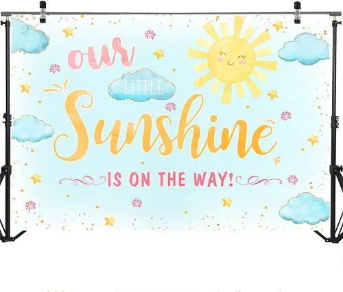 Vista 3 de Mocsicka Telón de fondo para baby shower, sol y nube, fondo de baby shower, con texto en inglés "Our Little Sunshine", decoración para sesión