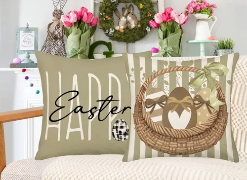 Vista 4 de Fukeen Juego de 4 fundas de almohada de Pascua de 20 x 20 pulgadas, diseño de huevo de conejo, conejo con rayas marrones, fundas de almohada