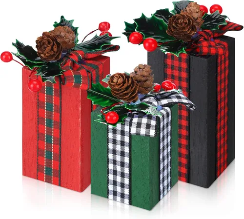 Vista 13 de 3 piezas de caja de regalos de madera de Navidad, decoración de centros de mesa de regalos a cuadros navideños, decoración de bandeja escalonada