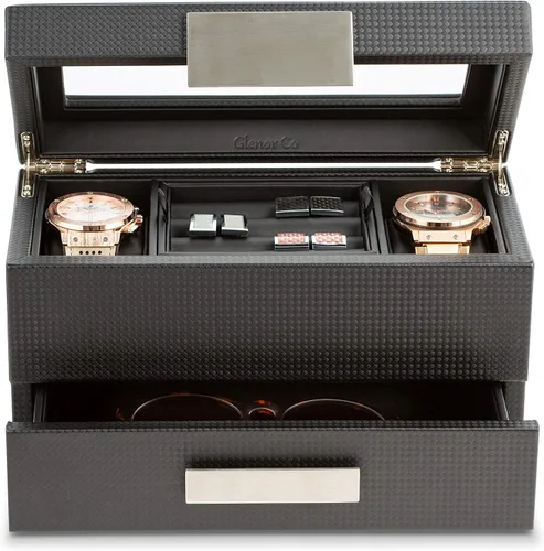 Vista 4 de Glenor Co Valet - Caja de reloj de joyería para hombres organizador moderno de textura de fibra de carbono con parte superior de cristal cajón