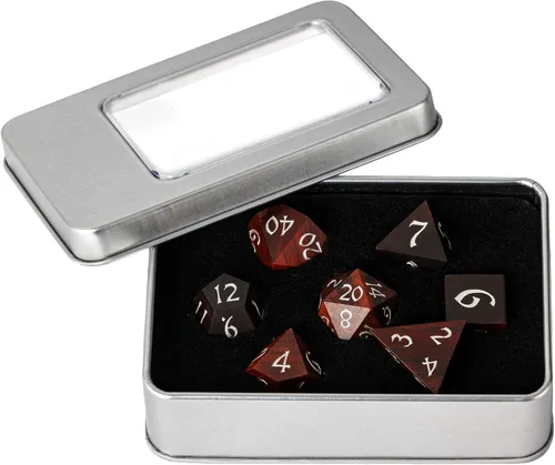 Vista 7 de Juego de dados D&D de sándalo rojo, dados poliédricos de madera natural con caja de lata de metal para juegos de rol y juegos de mesa