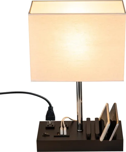 Vista 11 de Briever Lámpara de mesa USB, lámpara multifuncional de mesita de noche con 2 salidas de CA, 3 puertos de carga USB y organizador de soporte