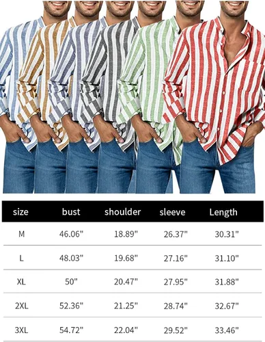 Vista 5 de Camisas de lino de manga larga con cuello de banda y botones para hombre
