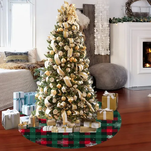 Vista 3 de Falda de árbol de Navidad, tapete de árbol de Navidad a cuadros rojos y verdes para casa de campo, Año Nuevo, festividades, fiestas, decoraciones