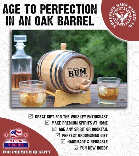 Vista 9 de Dispensador de barril de ron de roble americano de 1 litro con soporte de madera, bung y espita - Cócteles de edad, whisky bourbon, tequila