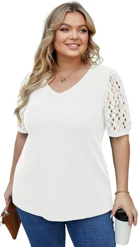 Vista 2 de OLRIK Plus Size Tops for Women Summer Blouse Waffle Knit Short Lace Sleeve Shirts