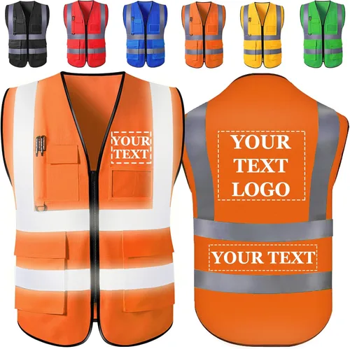 Vista 9 de Chaleco de seguridad personalizado con logotipo, texto, nombre, alta visibilidad, bolsillos y cremallera, a granel para mujeres y hombres Class 2