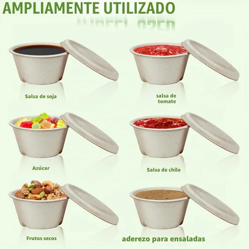 Vista 4 de Vmiapxo 100 juegos de tazas de condimento de fibra de bagazo natural de 2 onzas con tapas, recipientes de condimentos de salsa compostables, platos